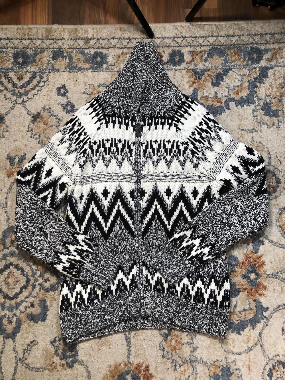 Old Navy Sweater Cardigan Womens Small Black Fair Isle Full Zip Hooded Knit